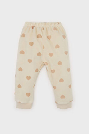 Kız Bebek Pijama Takımı Kalp Desenli Velur Uzun Kollu Üst Uzun Alt