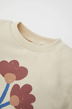 Kız Bebek Bisiklet Yaka Çiçek Baskılı İçi Yumuşak Tüylü Sweatshirt