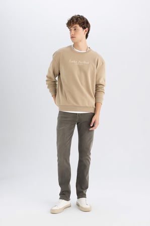 Boxy Fıt Bisiklet Yaka Baskılı Sweatshirt
