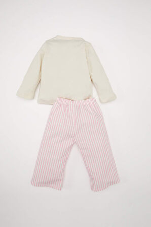 Kız Bebek Pijama Takımı Dokuma Twill Bisiklet Yaka Uzun Kollu Üst Çizgili Alt