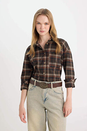 DeFacto Coool Oversize Geniş Kalıp Kareli Flanel Uzun Kollu Oduncu Ceket Gömlek D5309AX24AUBN319