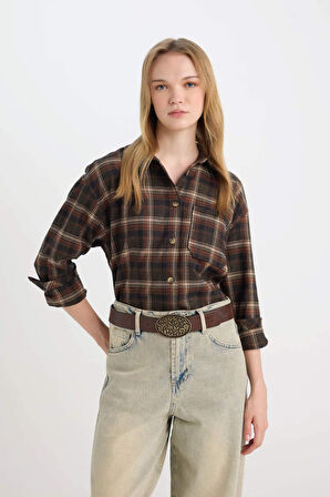 DeFacto Coool Oversize Geniş Kalıp Kareli Flanel Uzun Kollu Oduncu Ceket Gömlek D5309AX24AUBN319