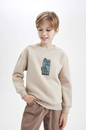 DeFacto Erkek Çocuk Oversize Geniş Kalıp Bisiklet Yaka Baskılı Sweatshirt D5678A824WNER37