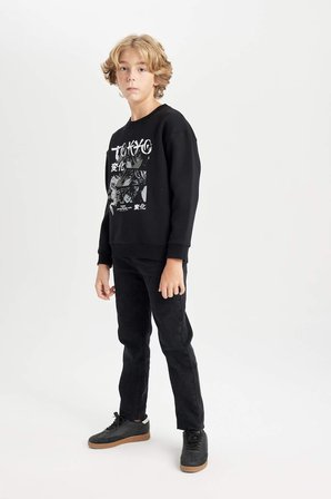 DeFacto Siyah Oversize Geniş Kalıp Bisiklet Yaka Baskılı Sweatshirt Erkek Çocuk D5680A824WNBK81