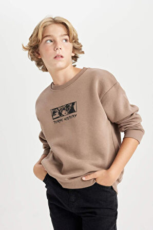 DeFacto Erkek Çocuk Oversize Geniş Kalıp Sırt Baskılı Bisiklet Yaka Sweatshirt D5682A824WNBN554