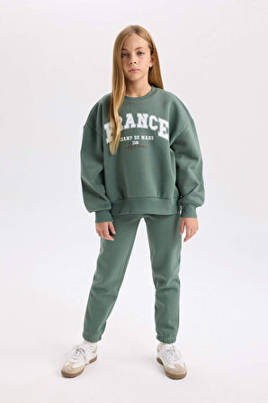 DeFacto Kız Çocuk 2'li Takım Baskılı Bisiklet Yaka Sweatshirt Esnek Belli Jogger Eşofman Altı D2216A824WNGN470
