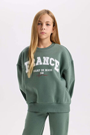 DeFacto Kız Çocuk 2'li Takım Baskılı Bisiklet Yaka Sweatshirt Esnek Belli Jogger Eşofman Altı D2216A824WNGN470