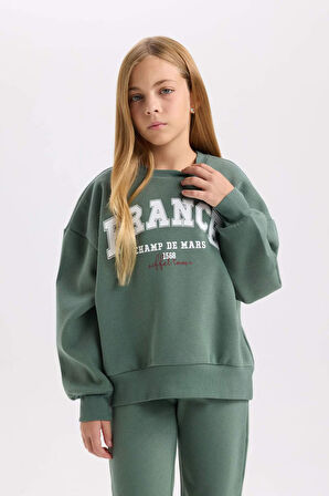 DeFacto Kız Çocuk 2'li Takım Baskılı Bisiklet Yaka Sweatshirt Esnek Belli Jogger Eşofman Altı D2216A824WNGN470