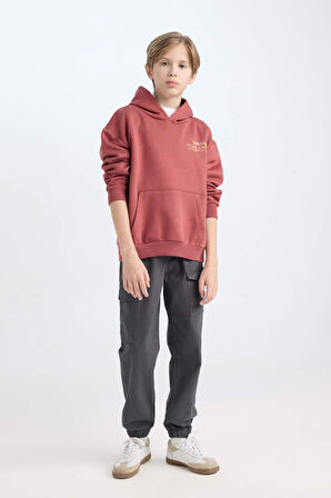 Erkek Çocuk Oversize Fit Geniş Kalıp Sırt Baskılı Kapüşonlu Sweatshirt