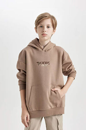 DeFacto Erkek Çocuk Oversize Geniş Kalıp Sırt Baskılı Kapüşonlu Sweatshirt D5681A824WNBN554