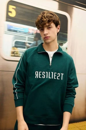D1782 Boxy Fit Dik Yaka Fermuarlı Baskılı Sweatshirt