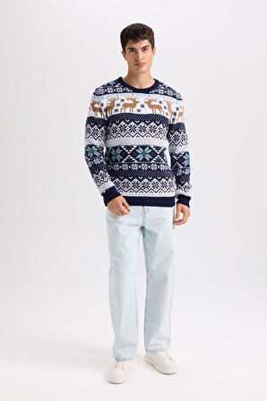 DeFacto Standart Fit Yılbaşı Temalı Bisiklet Yaka Triko Kazak D5486AX24WNNV163