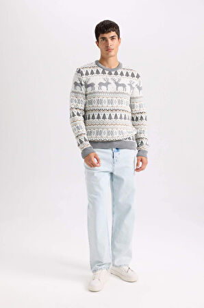 DeFacto Standart Fit Yılbaşı Temalı Bisiklet Yaka Triko Kazak Y1928AZ24WNER100