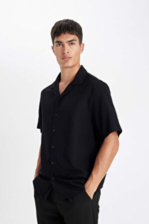DeFacto Siyah Relax Fit Polo Yaka Krinkıl Kısa Kollu Gömlek C4127AX24AUBK27