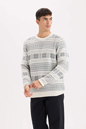 DeFacto Standart Fit Yılbaşı Temalı Bisiklet Yaka Triko Kazak D6839AX24WNER139