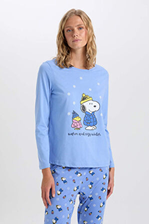 Kadın Fall in Love Snoopy Regular Fit Bisiklet Yaka Uzun Kollu Üst Alt Pijama Takımı