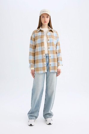 DeFacto Relax Fit Gömlek Yaka Kareli Flanel Uzun Kollu Gömlek Tunik D4774AX24AUBE409