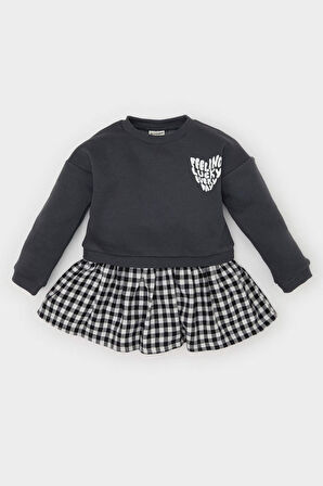 DeFacto Kız Bebek Bisiklet Yaka Baskılı Uzun Kollu Eteği Kareli Sweat Elbise D5630A524WNAR15
