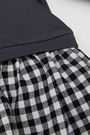 DeFacto Kız Bebek Bisiklet Yaka Baskılı Uzun Kollu Eteği Kareli Sweat Elbise D5630A524WNAR15