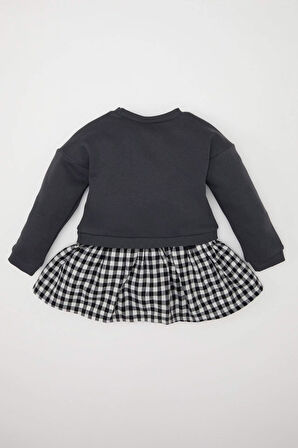 DeFacto Kız Bebek Bisiklet Yaka Baskılı Uzun Kollu Eteği Kareli Sweat Elbise D5630A524WNAR15