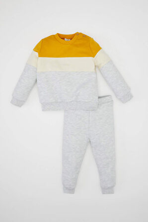 Erkek Bebek 2'li Takım Renk Bloklu Uzun Kollu İçi Yumuşak Tüylü Sweatshirt Beli Lastikli Eşofman Altı