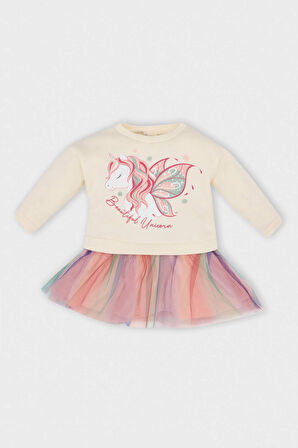 DeFacto Kız Bebek Unicorn Baskılı Uzun Kollu Kalın Tütülü Sweat Elbise D5621A524WNER233