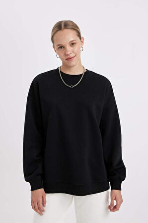 Okula Dönüş Oversize Geniş Kalıp Bisiklet Yaka Basic Düz Kalın Sweatshirt