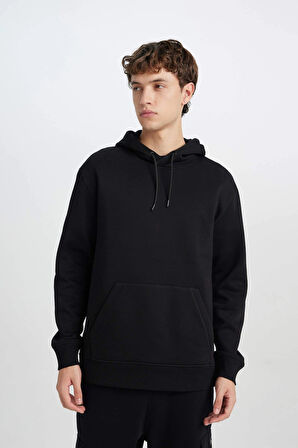 Defacto X8283 Siyah Regular Fit Kapüşonlu Kanguru Cepli İçi Yumuşak Tüylü Basic Düz Sweatshirt