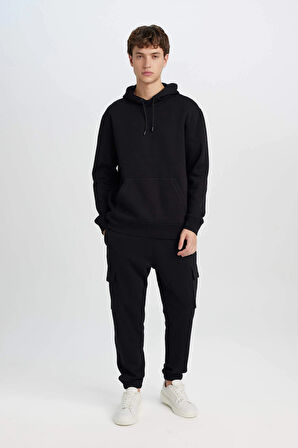 Defacto X8283 Siyah Regular Fit Kapüşonlu Kanguru Cepli İçi Yumuşak Tüylü Basic Düz Sweatshirt