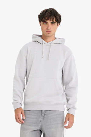 Defacto X8283 Gri Regular Fit Kapüşonlu Kanguru Cepli İçi Yumuşak Tüylü Basic Düz Sweatshirt