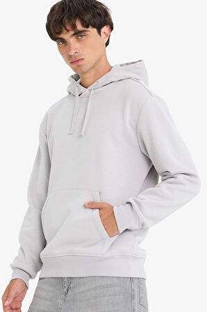 Defacto X8283 Gri Regular Fit Kapüşonlu Kanguru Cepli İçi Yumuşak Tüylü Basic Düz Sweatshirt