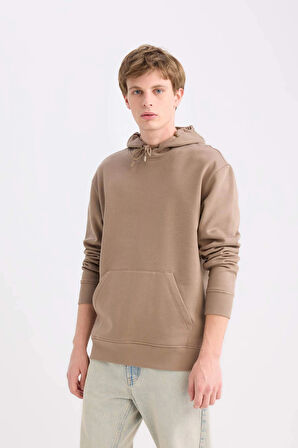 Defacto X8283 Kahve Regular Fit Kapüşonlu Kanguru Cepli İçi Yumuşak Tüylü Basic Düz Sweatshirt