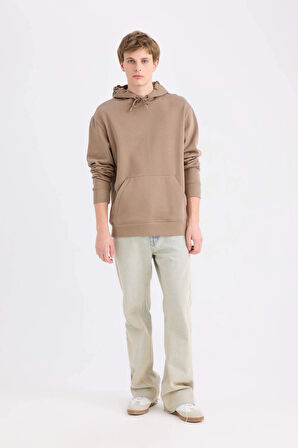 Defacto X8283 Kahve Regular Fit Kapüşonlu Kanguru Cepli İçi Yumuşak Tüylü Basic Düz Sweatshirt