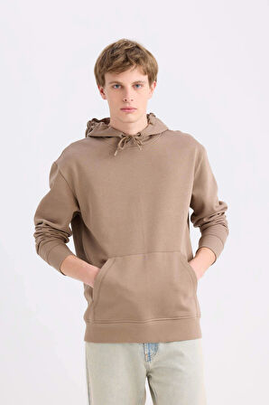 Defacto X8283 Kahve Regular Fit Kapüşonlu Kanguru Cepli İçi Yumuşak Tüylü Basic Düz Sweatshirt