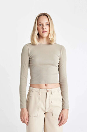 Defacto Y9870 Haki Fitted Bisiklet Yaka Fitilli Kaşkorse Basic Düz Uzun Kollu Tişört