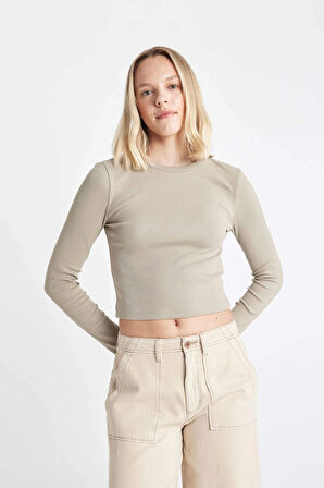 Defacto Y9870 Haki Fitted Bisiklet Yaka Fitilli Kaşkorse Basic Düz Uzun Kollu Tişört