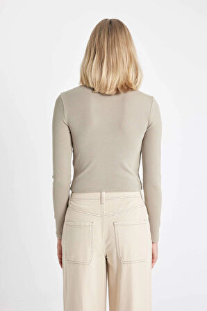 Defacto Y9870 Haki Fitted Bisiklet Yaka Fitilli Kaşkorse Basic Düz Uzun Kollu Tişört