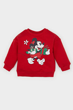 Kız Bebek Disney Mickey & Minnie Regular Fit Bisiklet Yaka İçi Yumuşak Tüylü KalınKuma  Sweatshirt