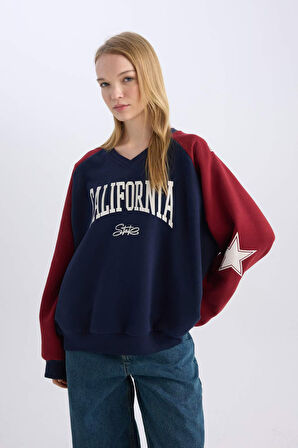 Coool Oversize Fit V Yaka Baskılı Kalın Kumaş Sweatshirt