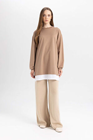 DeFacto Regular Fit Bisiklet Yaka Etek Ucu Detaylı Basic Düz Sweatshirt Tunik A9527AX24WNBG706