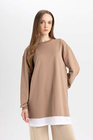 DeFacto Regular Fit Bisiklet Yaka Etek Ucu Detaylı Basic Düz Sweatshirt Tunik A9527AX24WNBG706