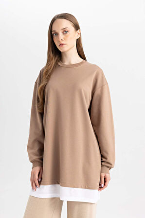 DeFacto Regular Fit Bisiklet Yaka Etek Ucu Detaylı Basic Düz Sweatshirt Tunik A9527AX24WNBG706