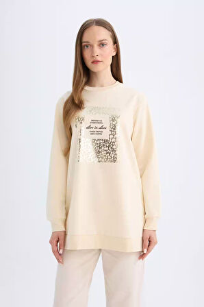 DeFacto Regular Fit Bisiklet Yaka Parlak Baskılı Sweatshirt Tunik D7569AX24WNER42