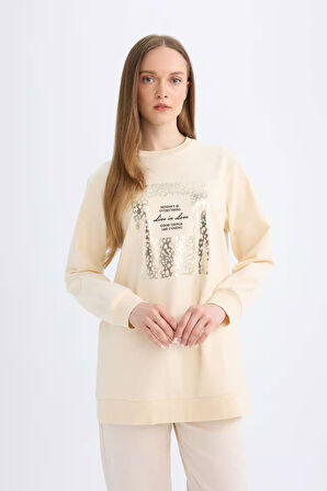 DeFacto Regular Fit Bisiklet Yaka Parlak Baskılı Sweatshirt Tunik D7569AX24WNER42