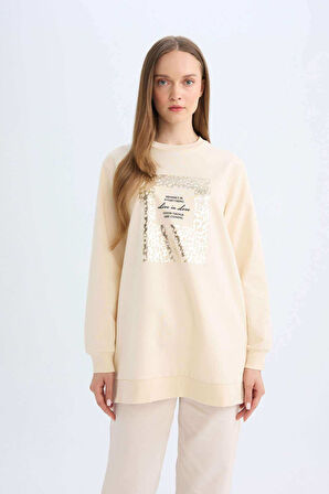 DeFacto Regular Fit Bisiklet Yaka Parlak Baskılı Sweatshirt Tunik D7569AX24WNER42
