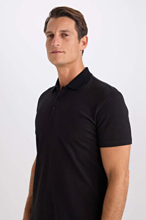 DeFacto Slim Fit Dar Kesim Polo Yaka Kısa Kollu Pamuklu Modal Karışımlı Basic Düz Siyah Tişört M6609AZ25SPBK81