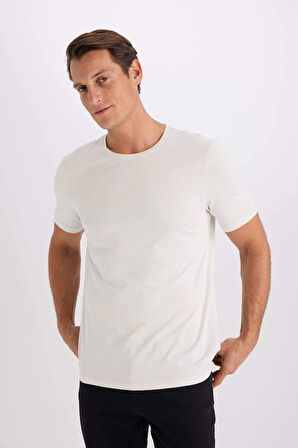 Defacto M6606 Ekru Slim Fit Dar Kesim Bisiklet Yaka Modal Karışımlı Pamuklu Basic Düz Kısa Kollu Tişört