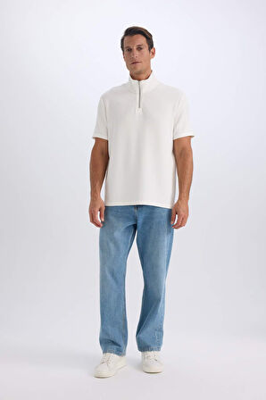 DeFacto Regular Fit Dik Yaka Yarım Fermuarlı Ağır Kumaş Kısa Kollu Tişört B6502AX25SPWT34