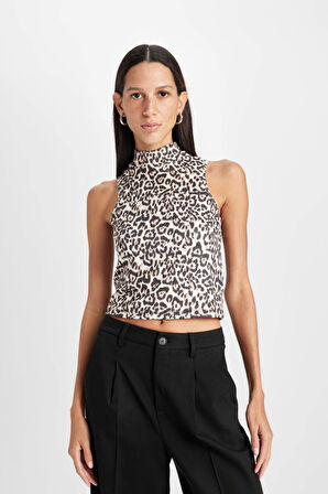 DeFacto Slim Fit Dar Kesim Yarım Balıkçı Yaka Leopar Desenli Kolsuz Bluz D5542AX24AUBN287