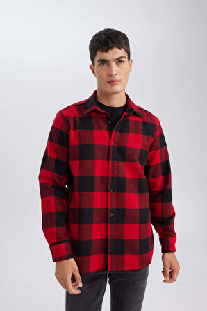 DeFacto Regular Fit Polo Yaka Kareli Oduncu Flanel Uzun Kollu Gömlek D7189AXNSRD92